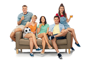 Image showing friends or soccer fans with ball and drinks