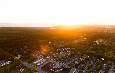 Image showing aerial view of suburban houses near forest