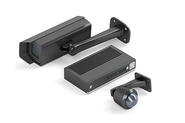 Image showing Black security cameras and digital video recorder