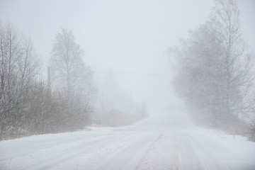 Image showing Beautiful winter landscape with snowy road in the winter forest.