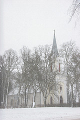 Image showing Winter landscape with snow covered church and trees.