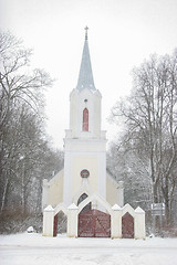 Image showing Winter landscape with snow covered church and trees.