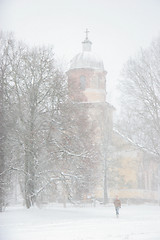 Image showing Winter landscape with snow covered church and trees.