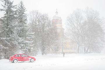 Image showing Winter landscape with snow covered church and trees.