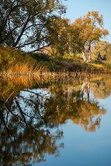 Image showing Autumn landscape with colorful trees and reflection in river. 