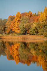 Image showing Autumn landscape with colorful trees and reflection in river. 