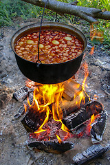 Image showing Soup cooking on the fire outdoor for camping trip.