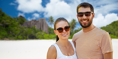 Image showing happy couple in sunglasses on seychelles island