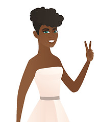 Image showing Young african fiancee showing the victory gesture.