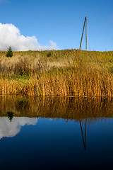 Image showing Autumn landscape with colorful trees, yellow grass and river. Re