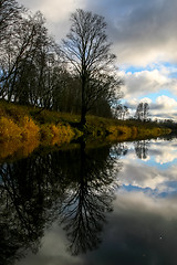 Image showing Autumn landscape with colorful trees, yellow grass and river. Re