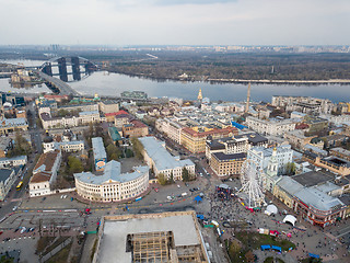 Image showing A bird\'s eye view from drone of the Podol district, the Dnieper River in the city of Kiev, Ukraine.