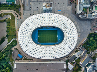 Image showing KYIV, UKRAINE - July 19, 2018. Aerial viev from drone to the stadium -National Sports Complex NSC Olimpiysky with the area around the stadium.