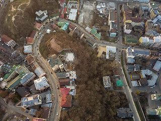 Image showing A bird\'s eye view, aerial view shooting from drone of the Podol district, oldest historical center of Kiev, Ukraine.