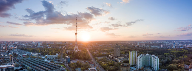 Image showing Panoramic view of the city with a TV tower in Kiev, Ukraine on a beautiful sunset.