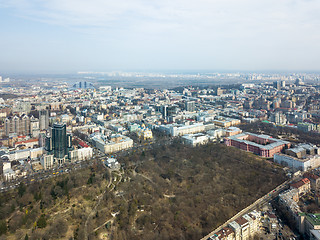 Image showing Kiev, Ukraine - April 7, 2018: landscape view of the city of Kiev from aerial view. University of Shevchenko, Botanical Garden