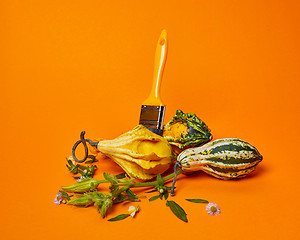 Image showing Autumn Composition A variety of decorative pumpkins and a brush