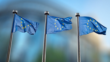 Image showing Three blue flag with Bitcoin Currency Symbol