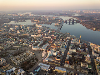 Image showing Aerial view of the Kiev city with Dnieper river, bridges and Obolon district in the background, Ukraine