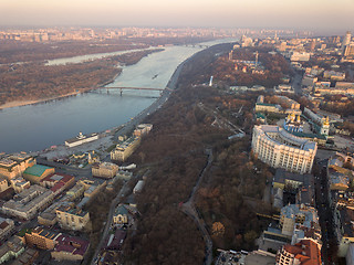 Image showing Ministry of the Interior, Pochtovaya Ploshcha, River Station and Pedestrian Bridge across the Dnieper River in the city of Kiev