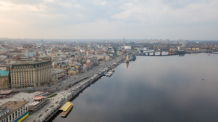 Image showing Beautiful View of the Dnieper river, River station, Havana bridge and Naberezhno-Kreschatitska street in Kiev, Ukraine.