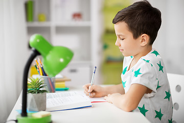 Image showing boy with book writing to notebook at home