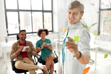 Image showing creative team with scheme on office glass board