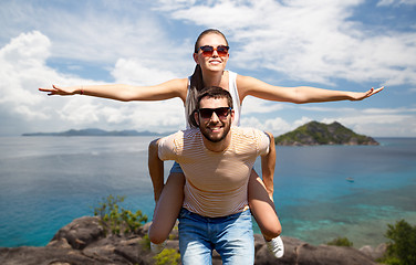 Image showing happy couple having fun on seychelles island