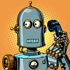 Image showing scared funny robot talking on a retro phone