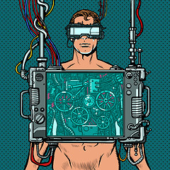 Image showing cyberpunk male robot wearing virtual reality glasses