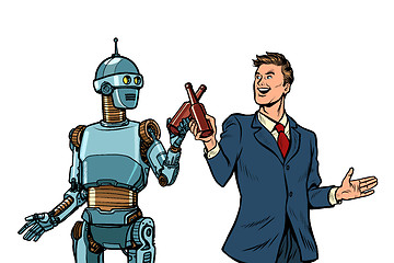 Image showing Businessman and robot cheers beer bottles. technological development concept. it industry