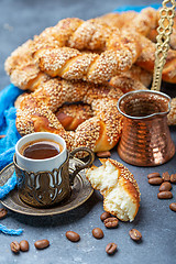 Image showing Fresh Turkish bagels with black coffee.