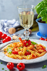 Image showing Pasta with tomato sauce and shrimp.