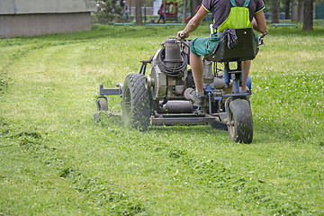 Image showing Worker mowing grass in a city park