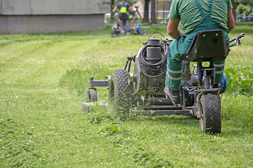 Image showing Worker mowing grass in a city park