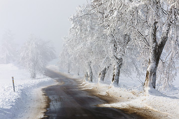 Image showing countryside rural winter road going in to the fog