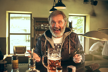 Image showing The senior bearded male drinking beer in pub