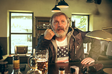 Image showing The senior bearded male drinking beer in pub