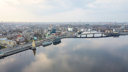 Image showing Panorama of the Dnieper embankment, Havanskyi bridge and the church of St. Nicholas on the water in Kyiv, Ukraine.