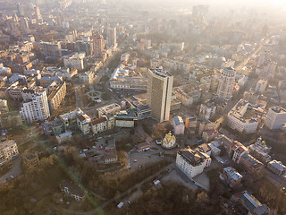 Image showing Panoramic aerial view from the drone, a view of the bird\'s eye view of the the central part of the city of Kiev, Ukraine, the old buildings of the city.