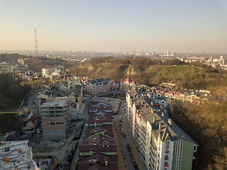 Image showing Panoramic view of Vozdvizhenka district and Bald mountain, Kiev, Ukraine. Drone photography