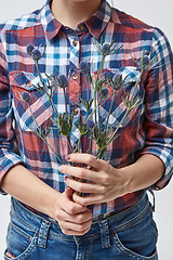 Image showing girl holding blue flowers eryngium