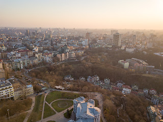 Image showing Panoramic aerial view from the drone, a view of the bird\'s eye view of the the central historical part of the city of Kiev, Ukraine, with old buildings of the city.