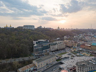 Image showing view of St. Andrew\'s Church and the St. Michael\'s Monastery of the Golden Domes, the Ministry of the Interior and the Postal Square in Kyiv city