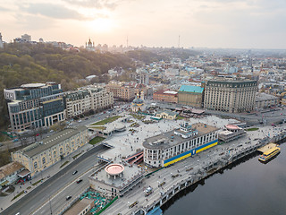 Image showing Panoramic view of the river station and Postal square at the sunset in Podil in Kiev, Ukraine