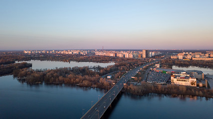 Image showing Dnieper river with bridge, Shopping center Skymol, parking and Truhaniv island from above in Kyiv, Ukraine