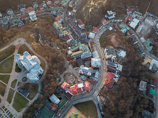 Image showing A bird\'s eye view, aerial view shooting from drone of the Podol district, oldest historical center of Kiev, Ukraine.