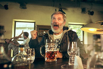 Image showing The senior bearded male drinking beer in pub