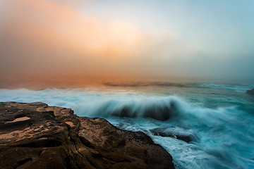 Image showing Foggy sunrise Sydney coast seascape