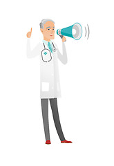 Image showing Senior caucasian doctor talking into loudspeaker.